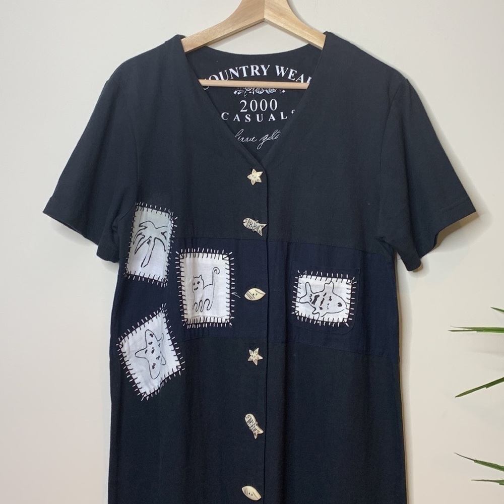 Country Wear 2000 Black Cotton Linen Fish Cat Patchwork Shortsleeve Maxi Dress M - Picture 3 of 17